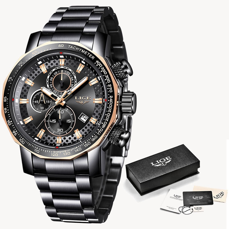 LIGE Luxury Stainless Steel Watch