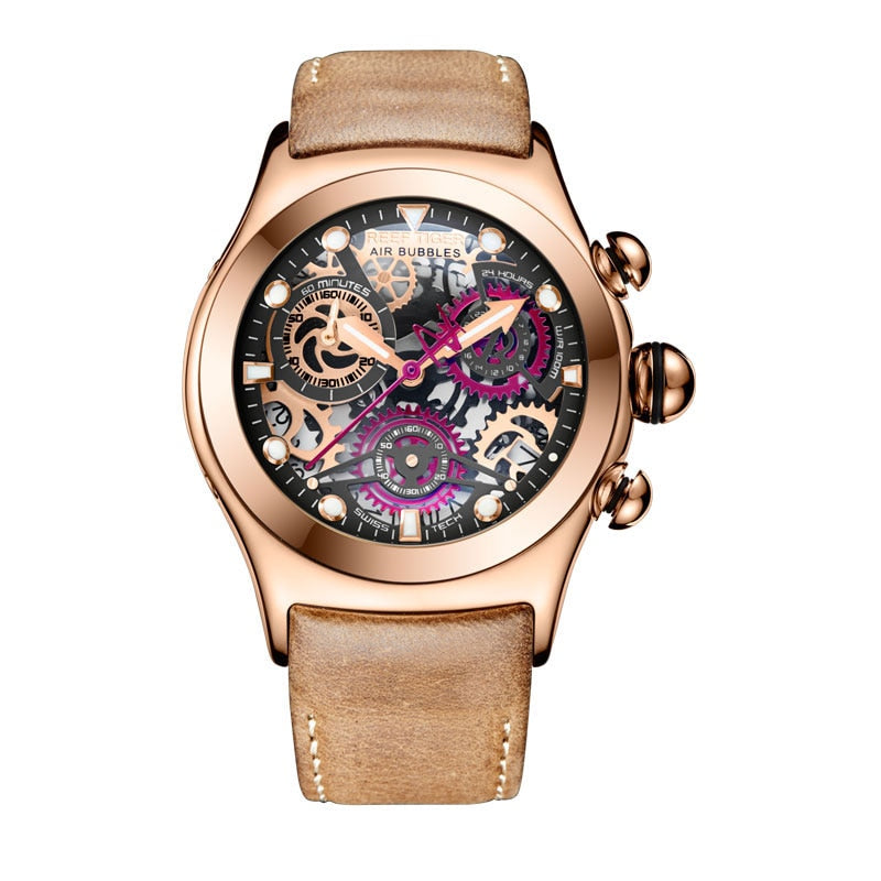 REEF TIGER Mens Leather Skeleton Sport Watch