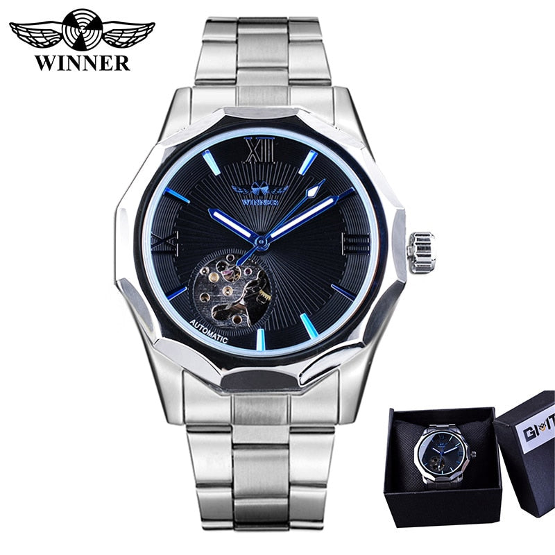 WINNER Blue Ocean Geometry Design Transparent Skeleton Watch