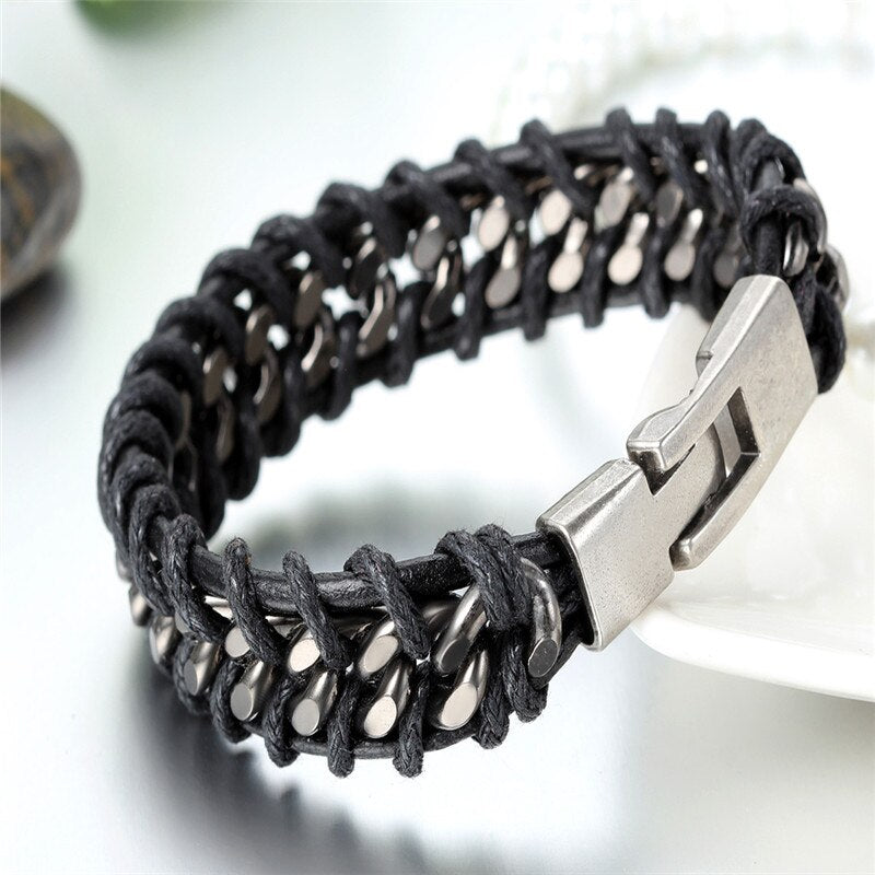 Black Leather Punk Men's Bracelet