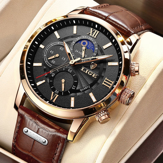 LIGE Leather Wrist Watch