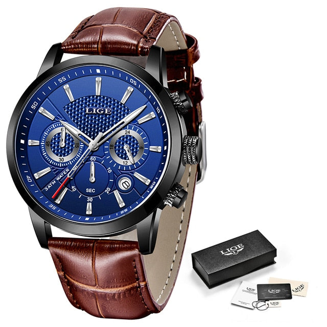 LIGE Leather Chronograph Watch leather