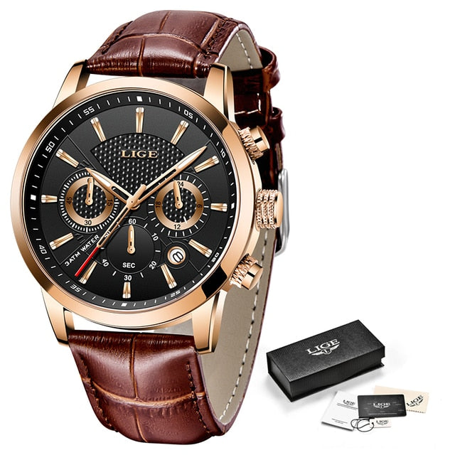 LIGE Leather Chronograph Watch leather