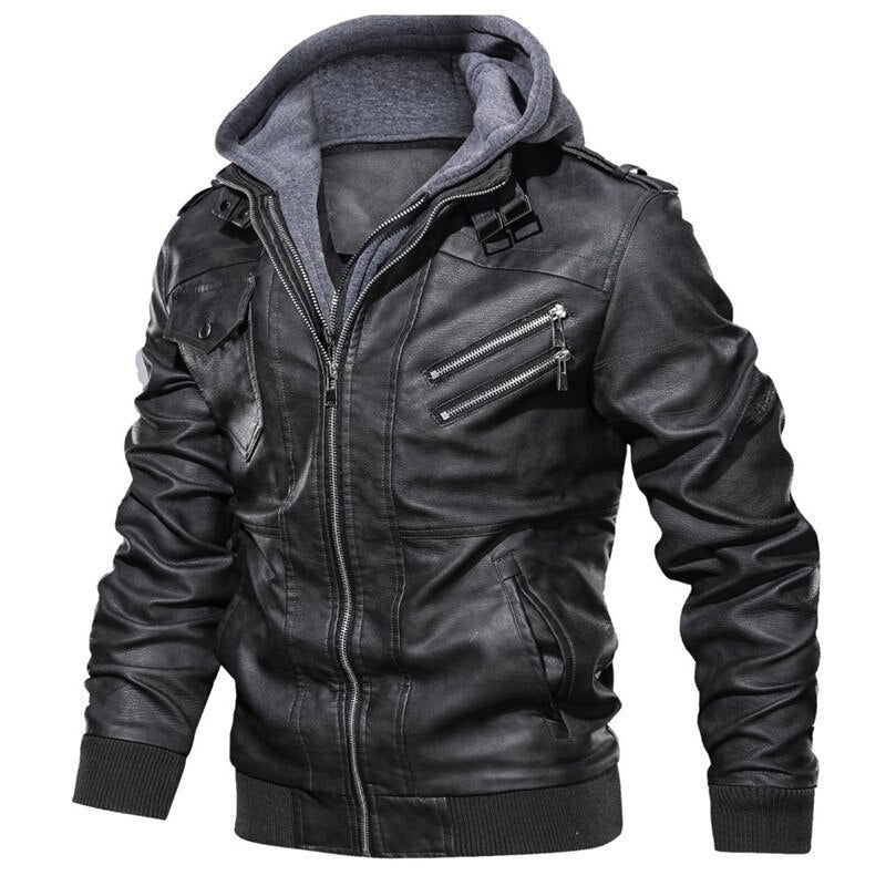 Windproof Hooded Leather Jacket