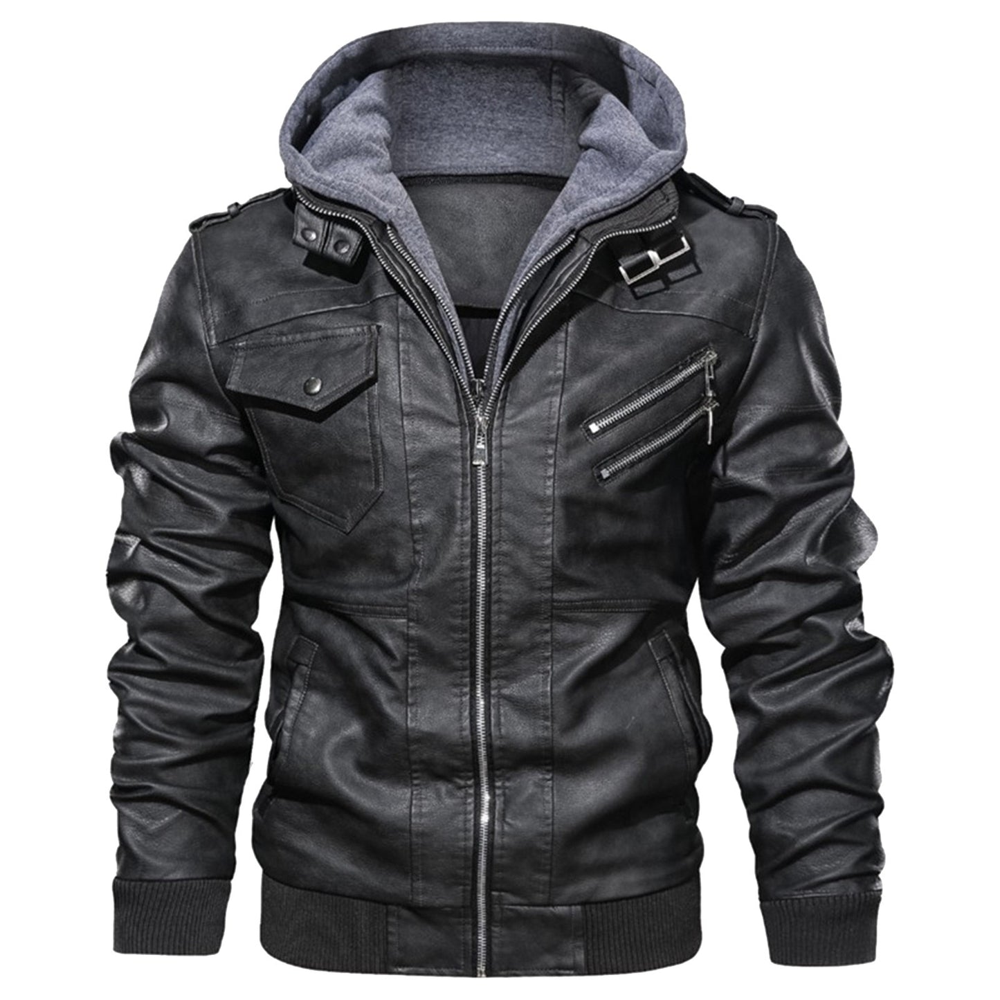 Mens Hooded PU Leather Jacket