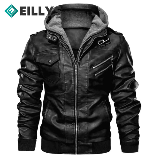 Mens Hooded PU Leather Jacket