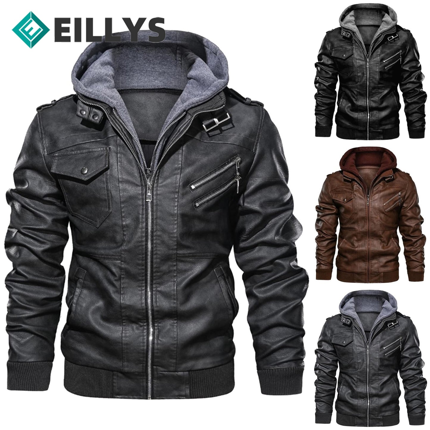 Mens Hooded PU Leather Jacket